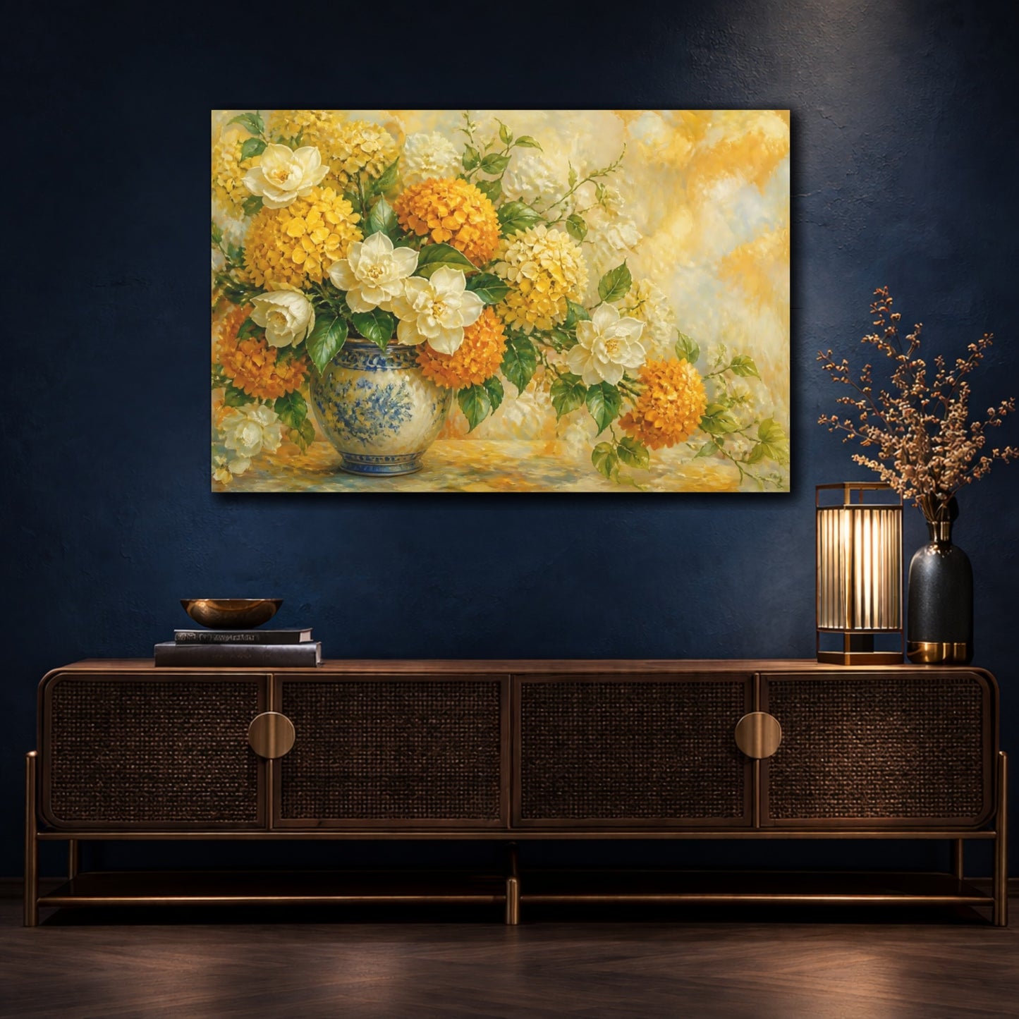 Mockup 4. Floral Floral Arrangement Yellow Orange Floral shown as stretched canvas wall art
