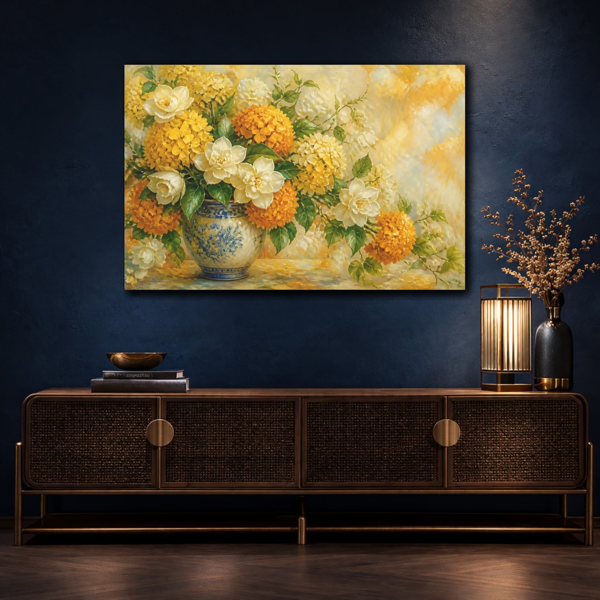Mockup 4. Floral Floral Arrangement Yellow Orange Floral shown as stretched canvas wall art