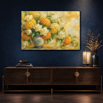 Mockup 4. Floral Floral Arrangement Yellow Orange Floral shown as stretched canvas wall art