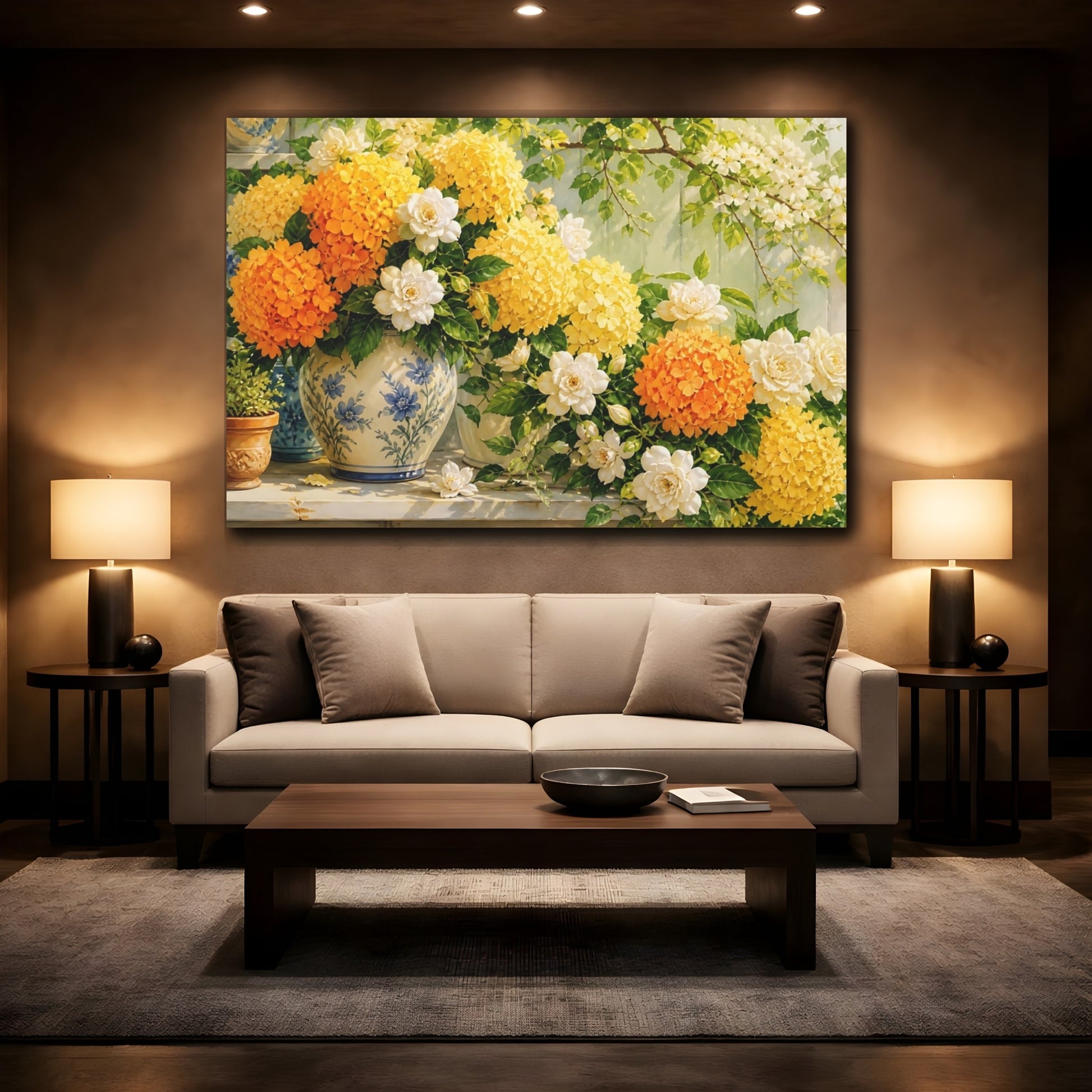 Mockup 2. Floral Floral Arrangement Yellow Orange Flowers shown as stretched canvas wall art