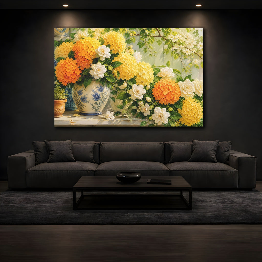 Mockup 3. Floral Floral Arrangement Yellow Orange Flowers shown as stretched canvas wall art