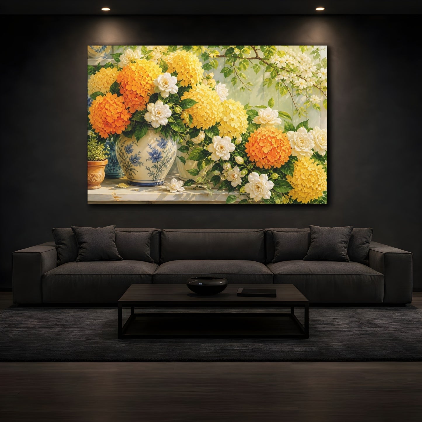 Mockup 3. Floral Floral Arrangement Yellow Orange Flowers shown as stretched canvas wall art