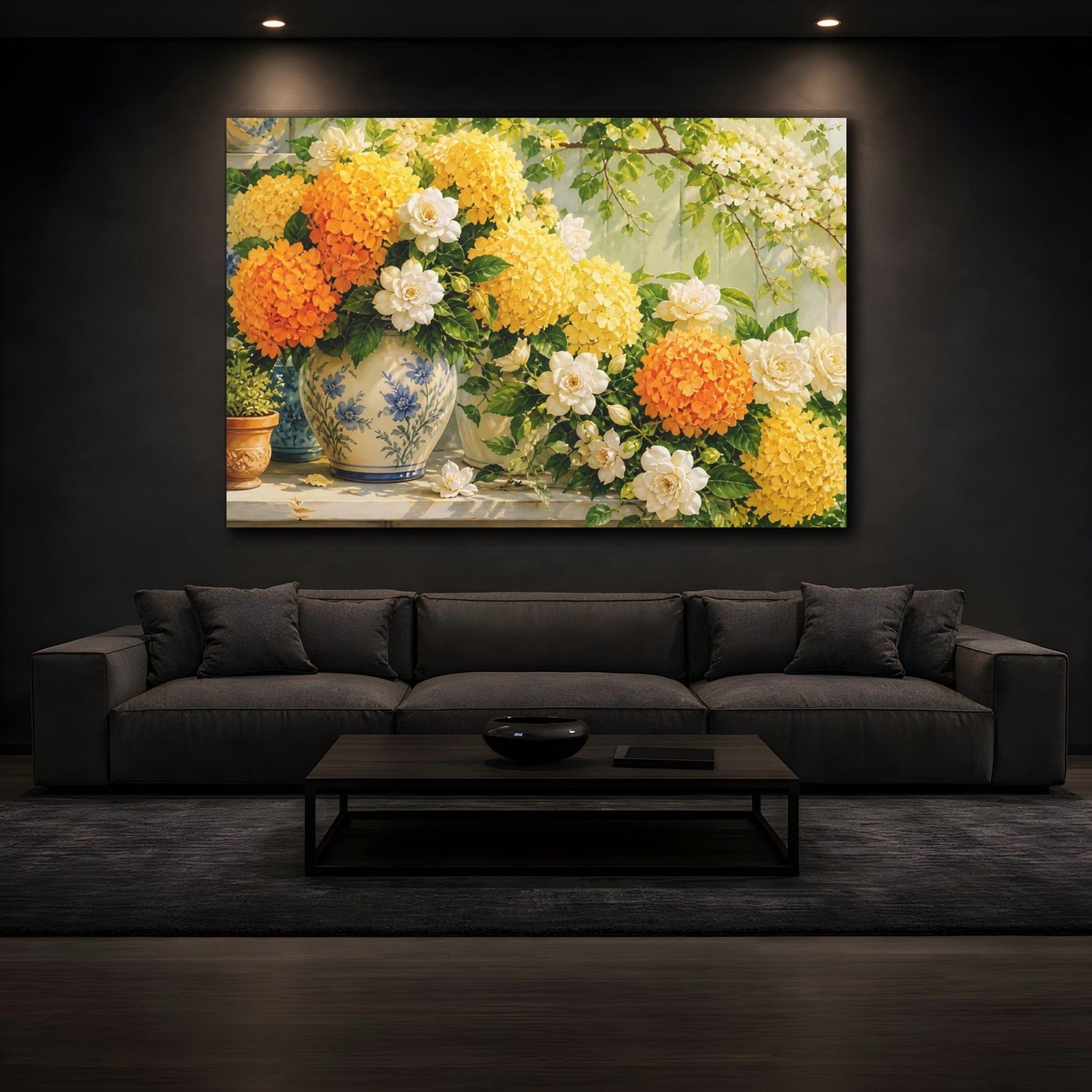 Mockup 3. Floral Floral Arrangement Yellow Orange Flowers shown as stretched canvas wall art