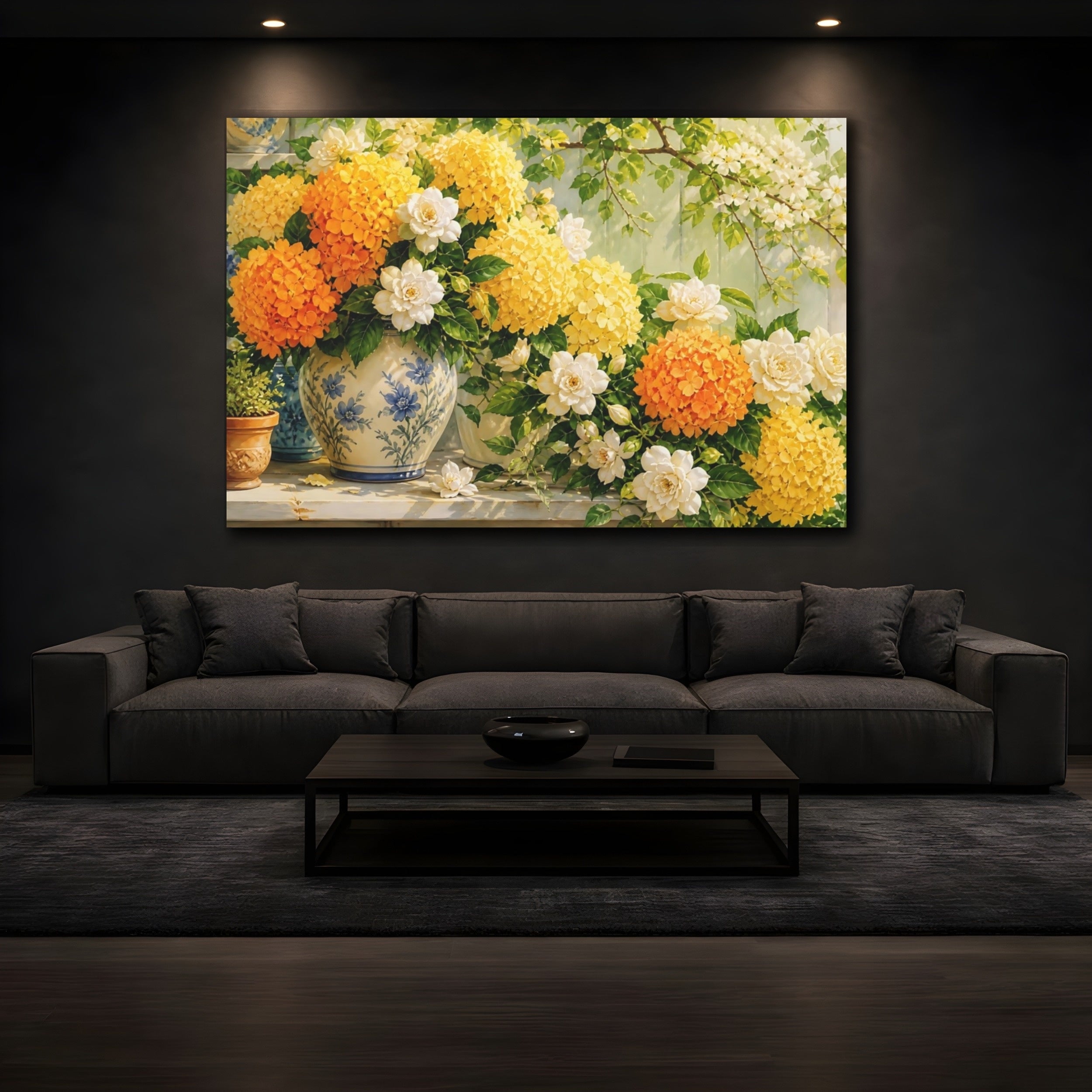 Mockup 3. Floral Floral Arrangement Yellow Orange Flowers shown as stretched canvas wall art