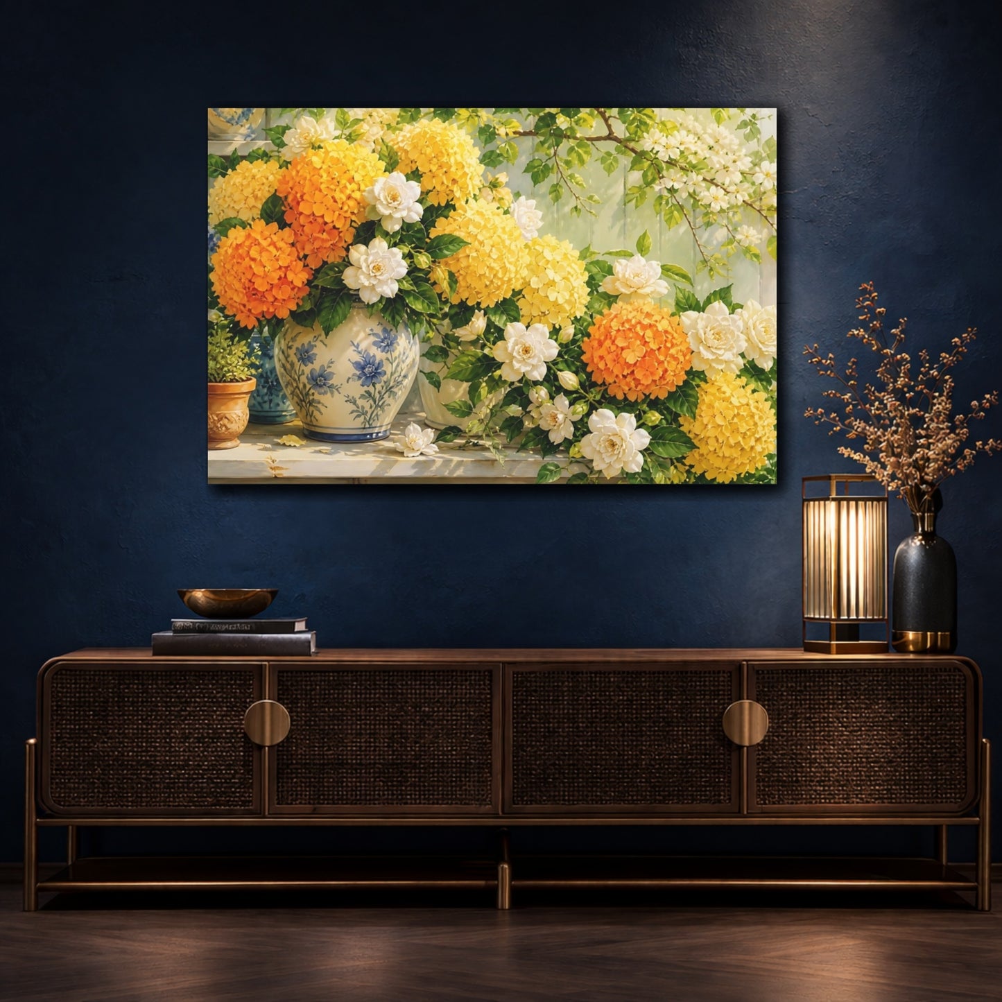 Mockup 4. Floral Floral Arrangement Yellow Orange Flowers shown as stretched canvas wall art