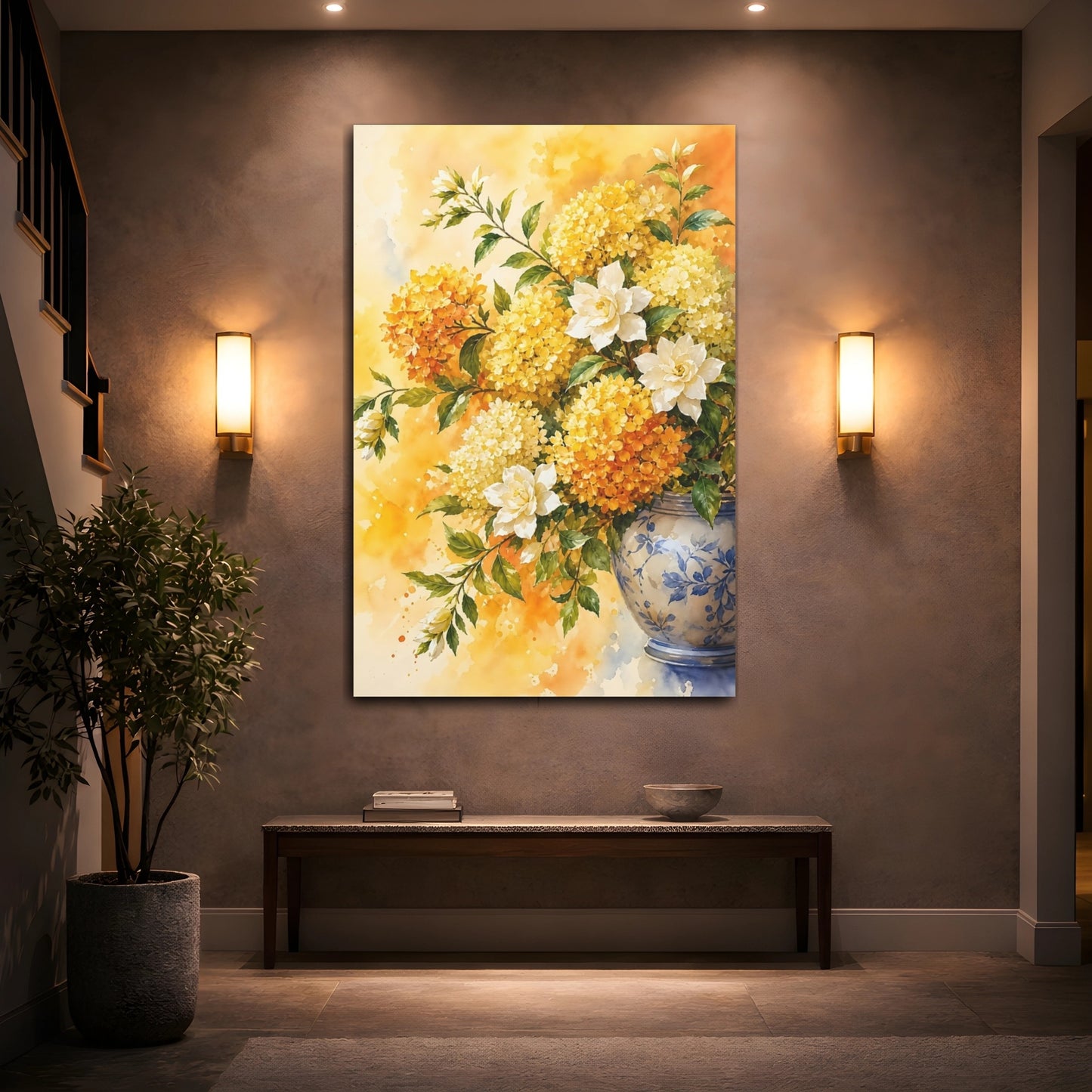 Mockup 2. Floral Floral Arrangement Yellow White Floral shown as stretched canvas wall art