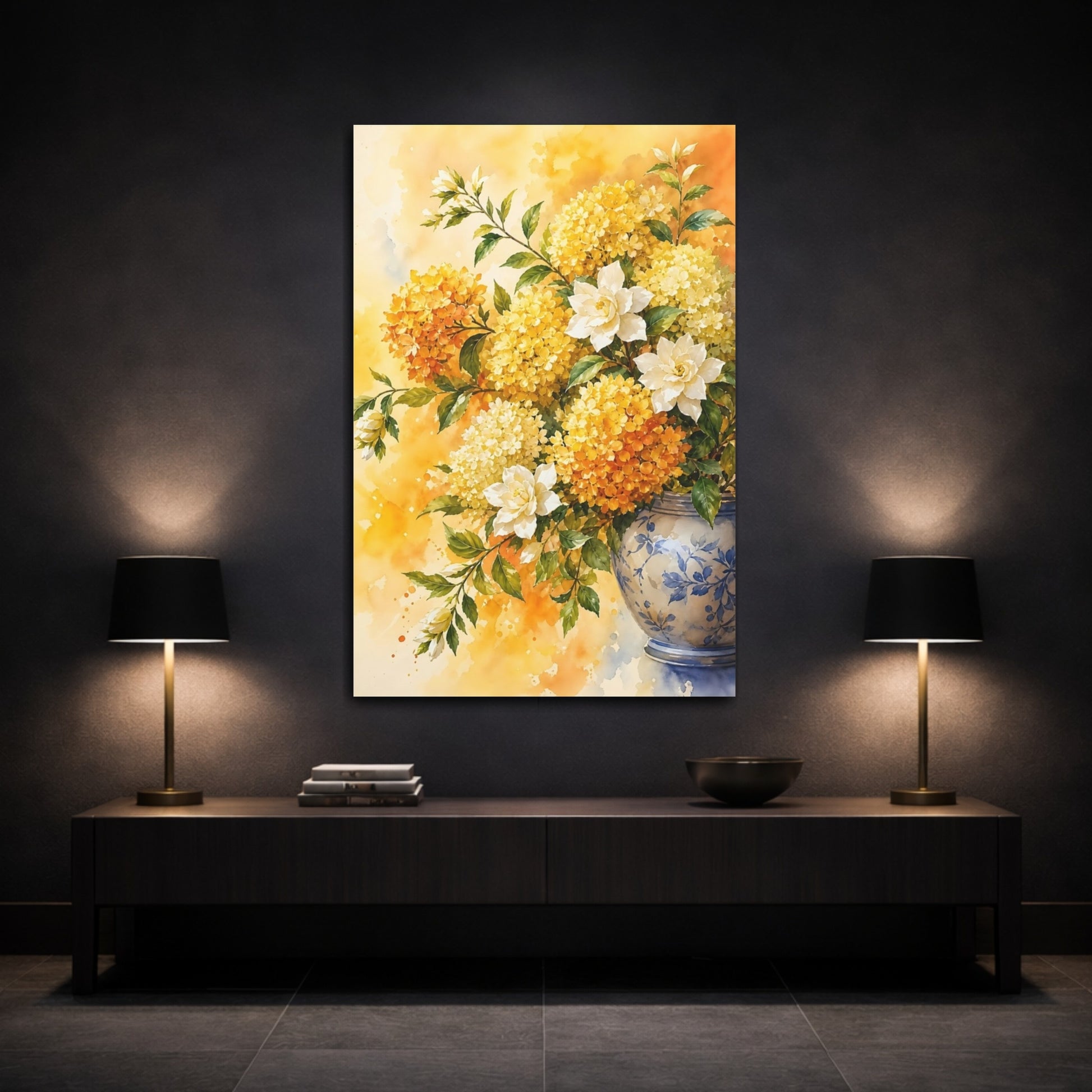 Mockup 3. Floral Floral Arrangement Yellow White Floral shown as stretched canvas wall art