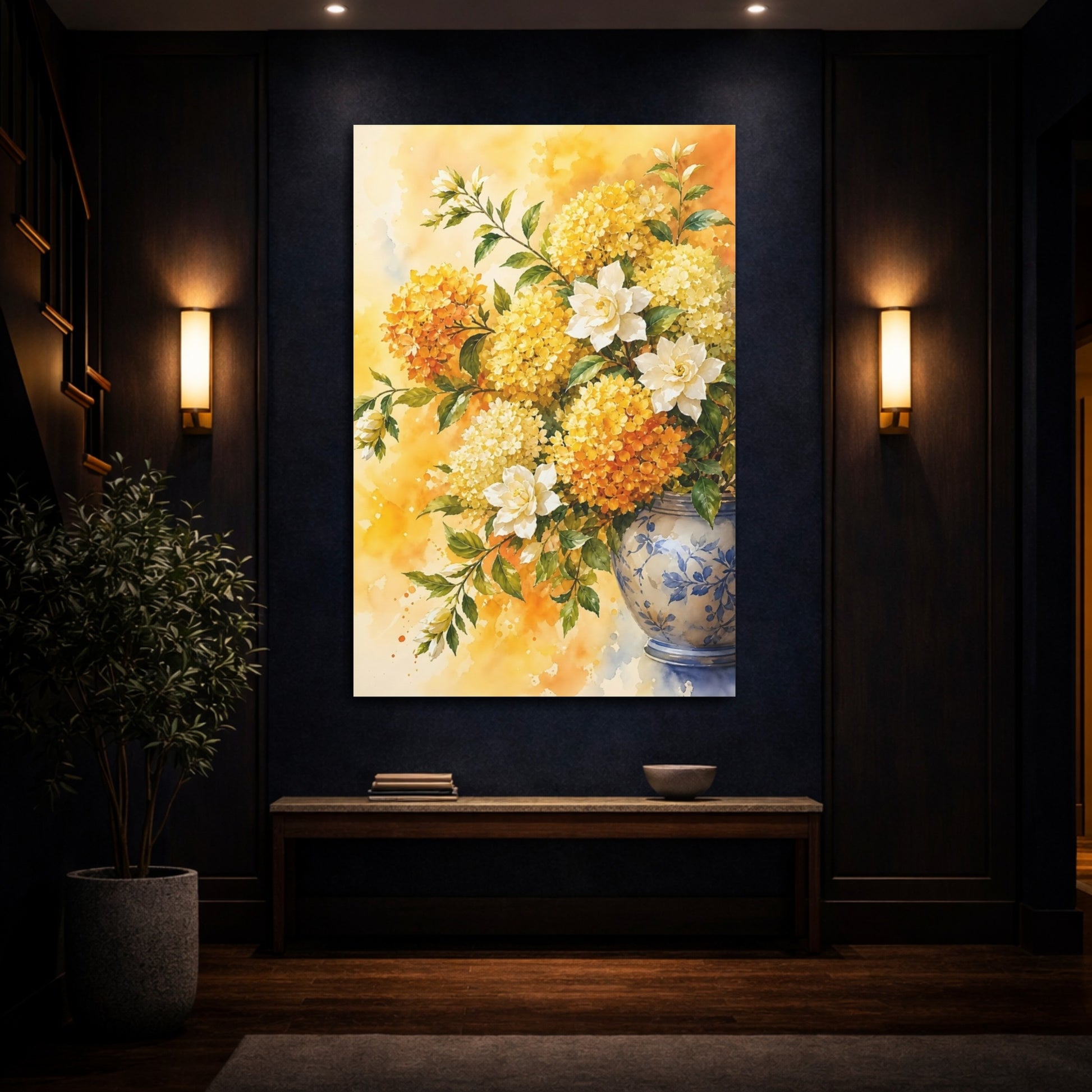 Mockup 4. Floral Floral Arrangement Yellow White Floral shown as stretched canvas wall art