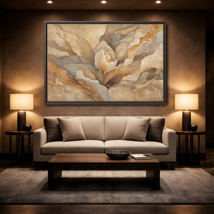 Mockup 2. Floral Floral Bloom Neutral Gold Floral shown as stretched canvas wall art