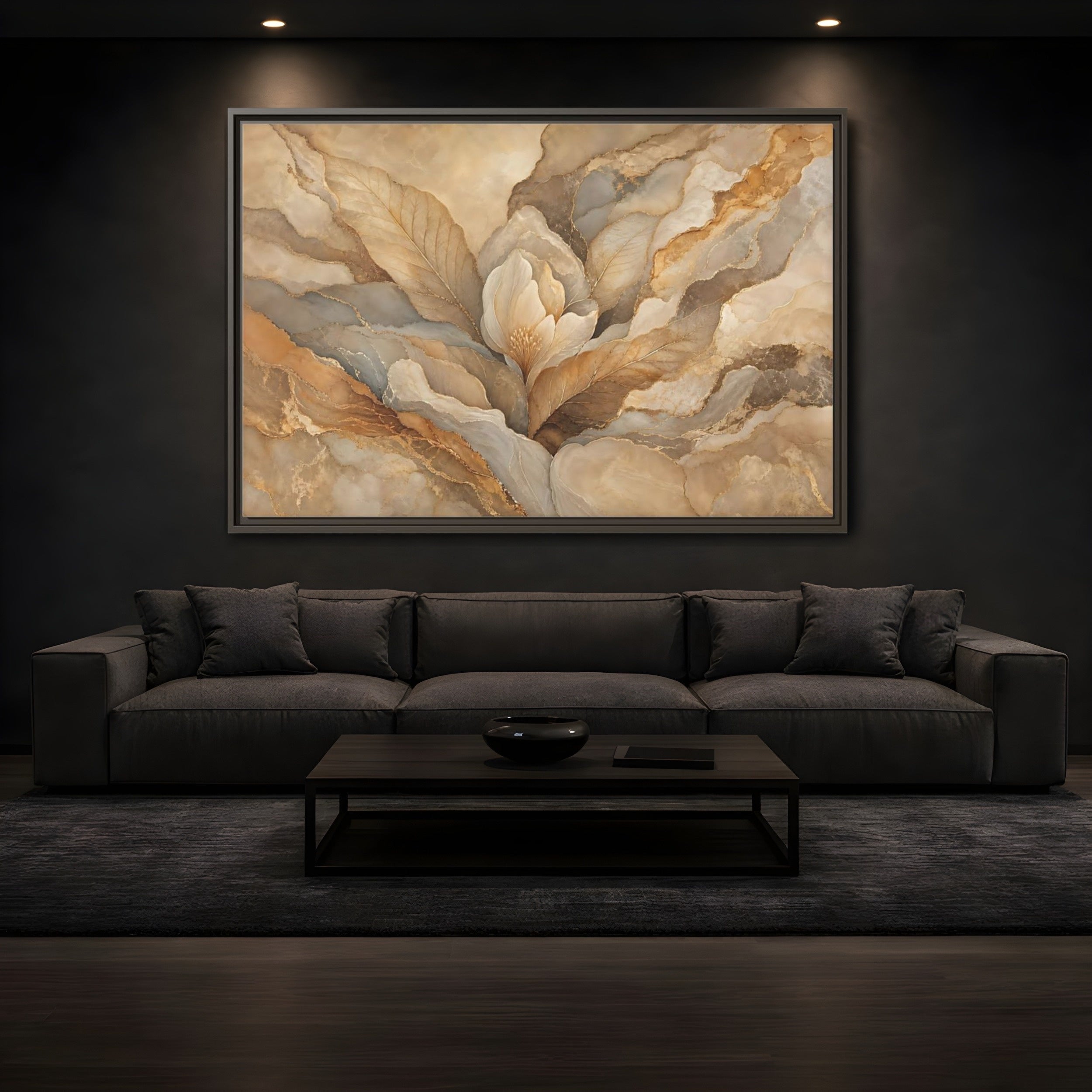 Mockup 3. Floral Floral Bloom Neutral Gold Floral shown as stretched canvas wall art
