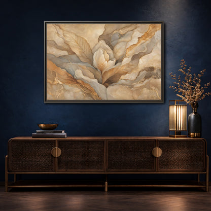 Mockup 4. Floral Floral Bloom Neutral Gold Floral shown as stretched canvas wall art