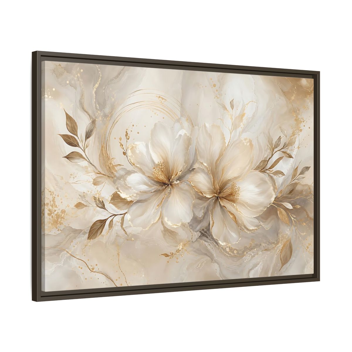 Main Mockup. Floral Floral Blooms Gold White Floral shown as stretched canvas wall art