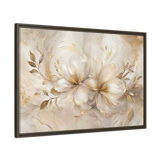 Main Mockup. Floral Floral Blooms Gold White Floral shown as stretched canvas wall art