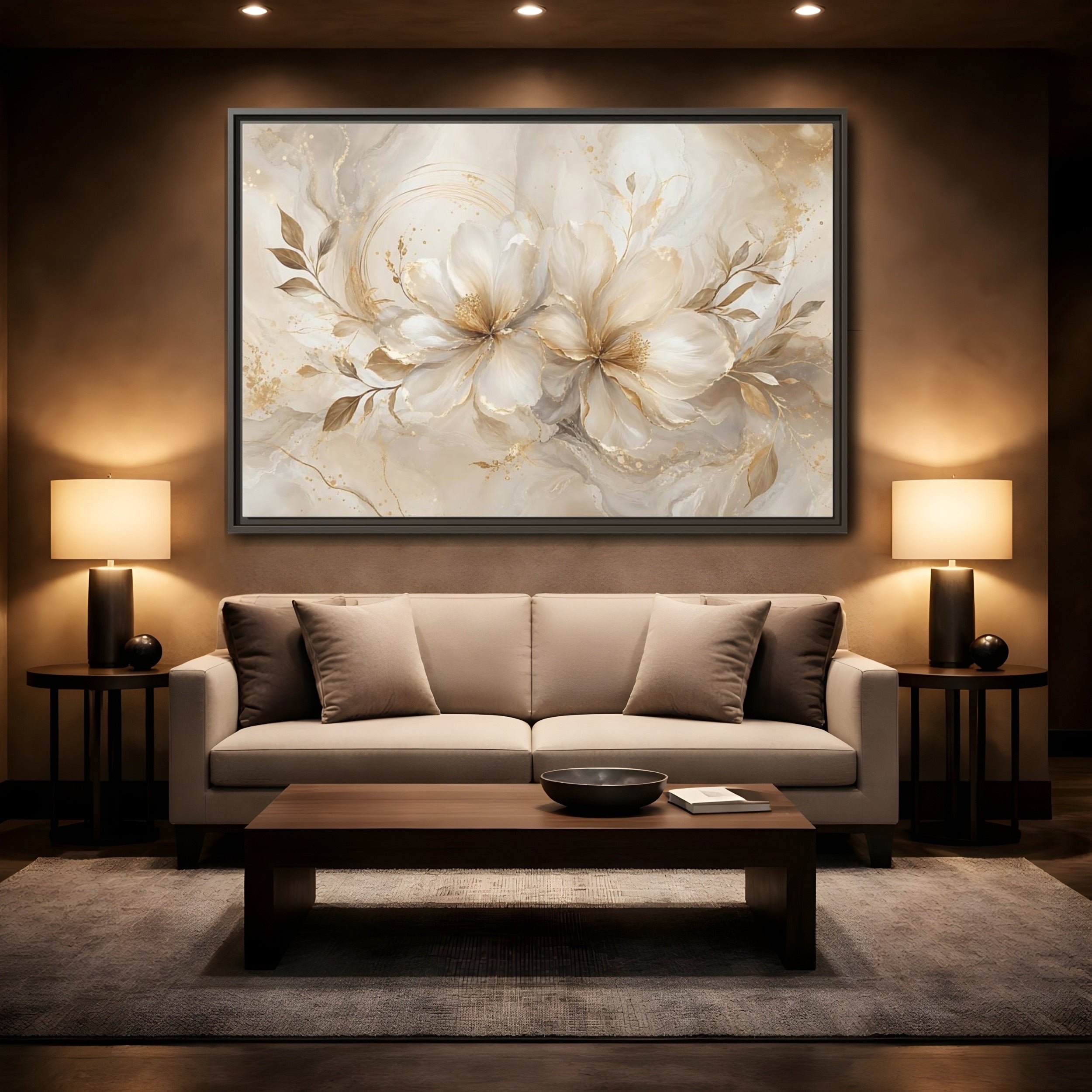 Mockup 2. Floral Floral Blooms Gold White Floral shown as stretched canvas wall art