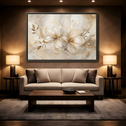 Mockup 2. Floral Floral Blooms Gold White Floral shown as stretched canvas wall art
