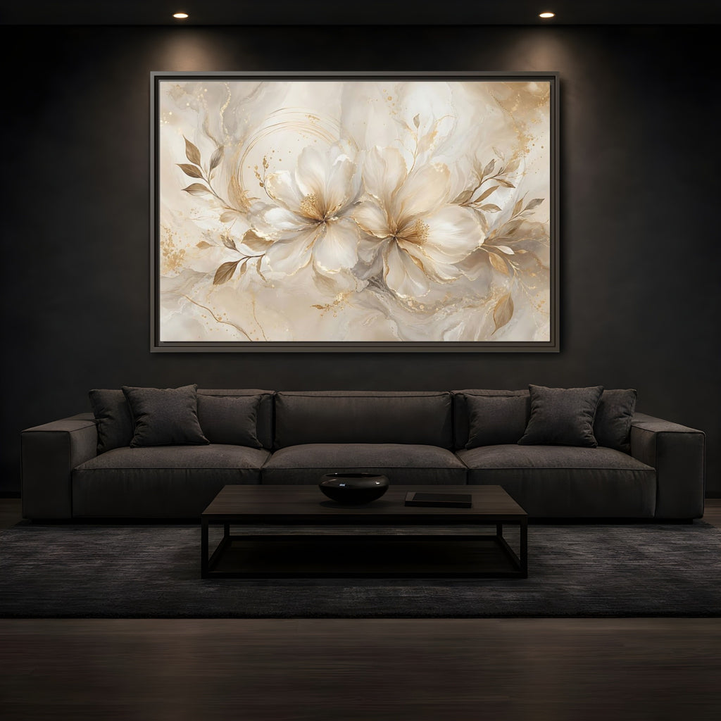 Mockup 3. Floral Floral Blooms Gold White Floral shown as stretched canvas wall art