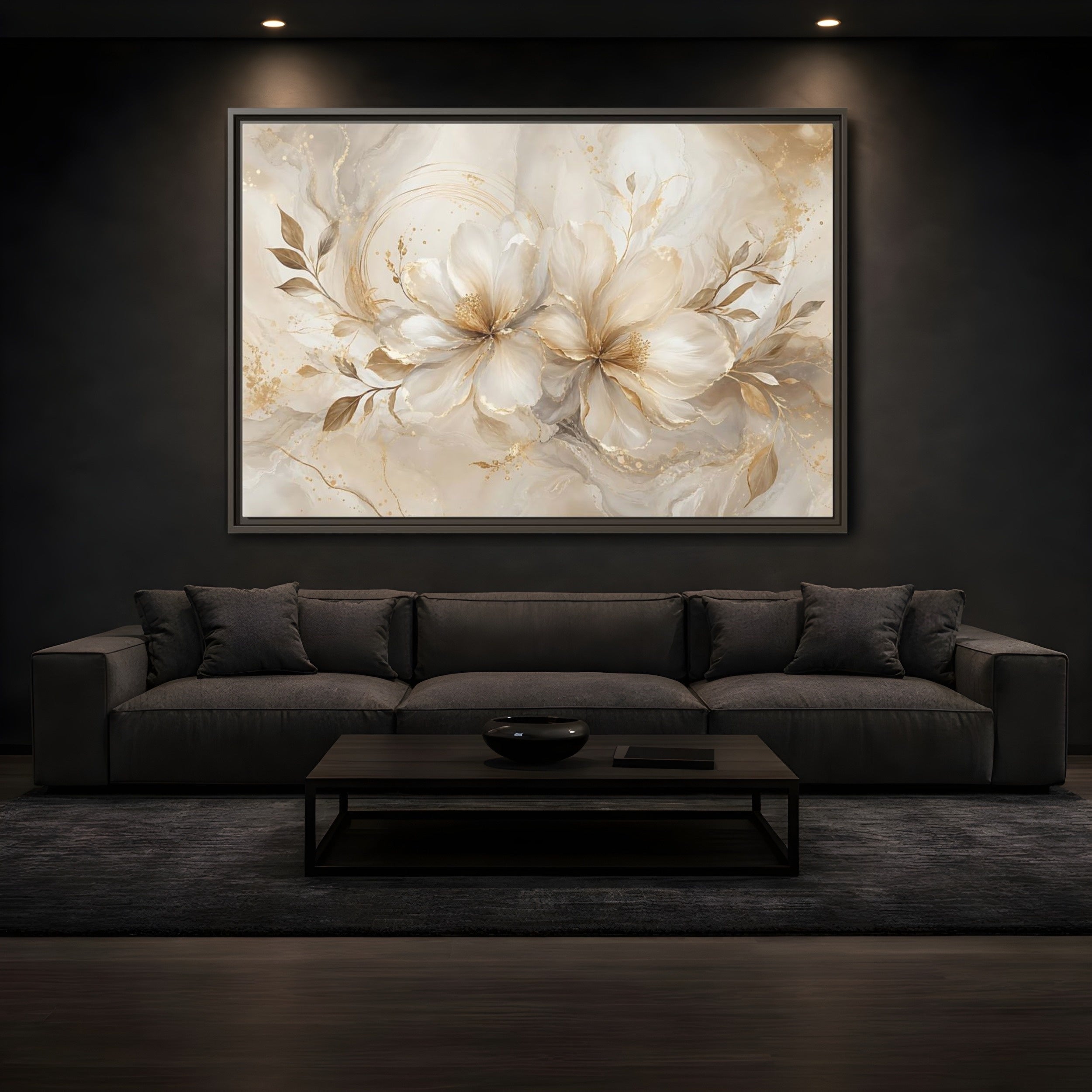 Mockup 3. Floral Floral Blooms Gold White Floral shown as stretched canvas wall art
