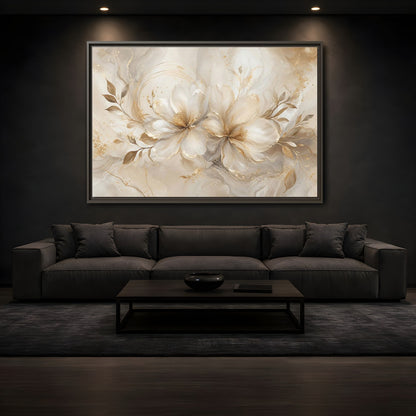 Mockup 3. Floral Floral Blooms Gold White Floral shown as stretched canvas wall art