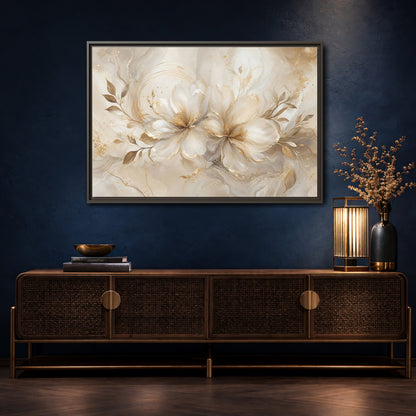 Mockup 4. Floral Floral Blooms Gold White Floral shown as stretched canvas wall art