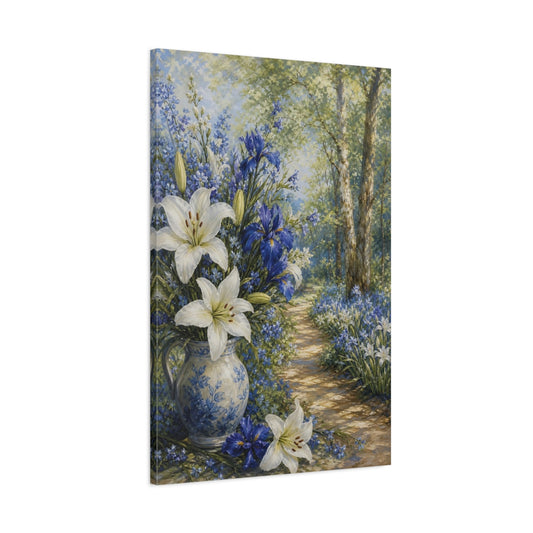 Main Mockup. Floral Floral Bouquet Blue And White Floral shown as stretched canvas wall art