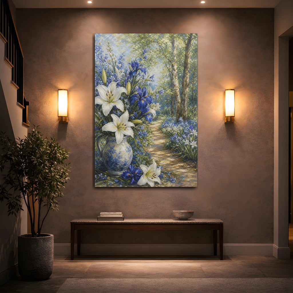 Mockup 2. Floral Floral Bouquet Blue And White Floral shown as stretched canvas wall art