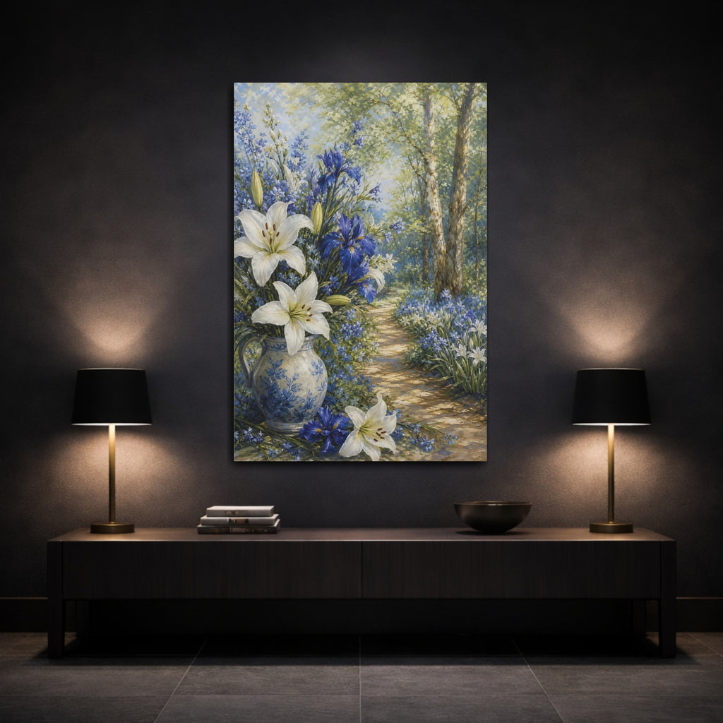 Mockup 3. Floral Floral Bouquet Blue And White Floral shown as stretched canvas wall art