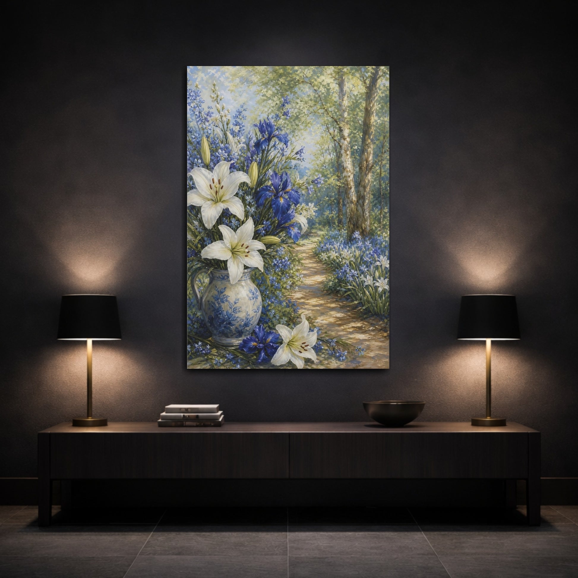 Mockup 3. Floral Floral Bouquet Blue And White Floral shown as stretched canvas wall art