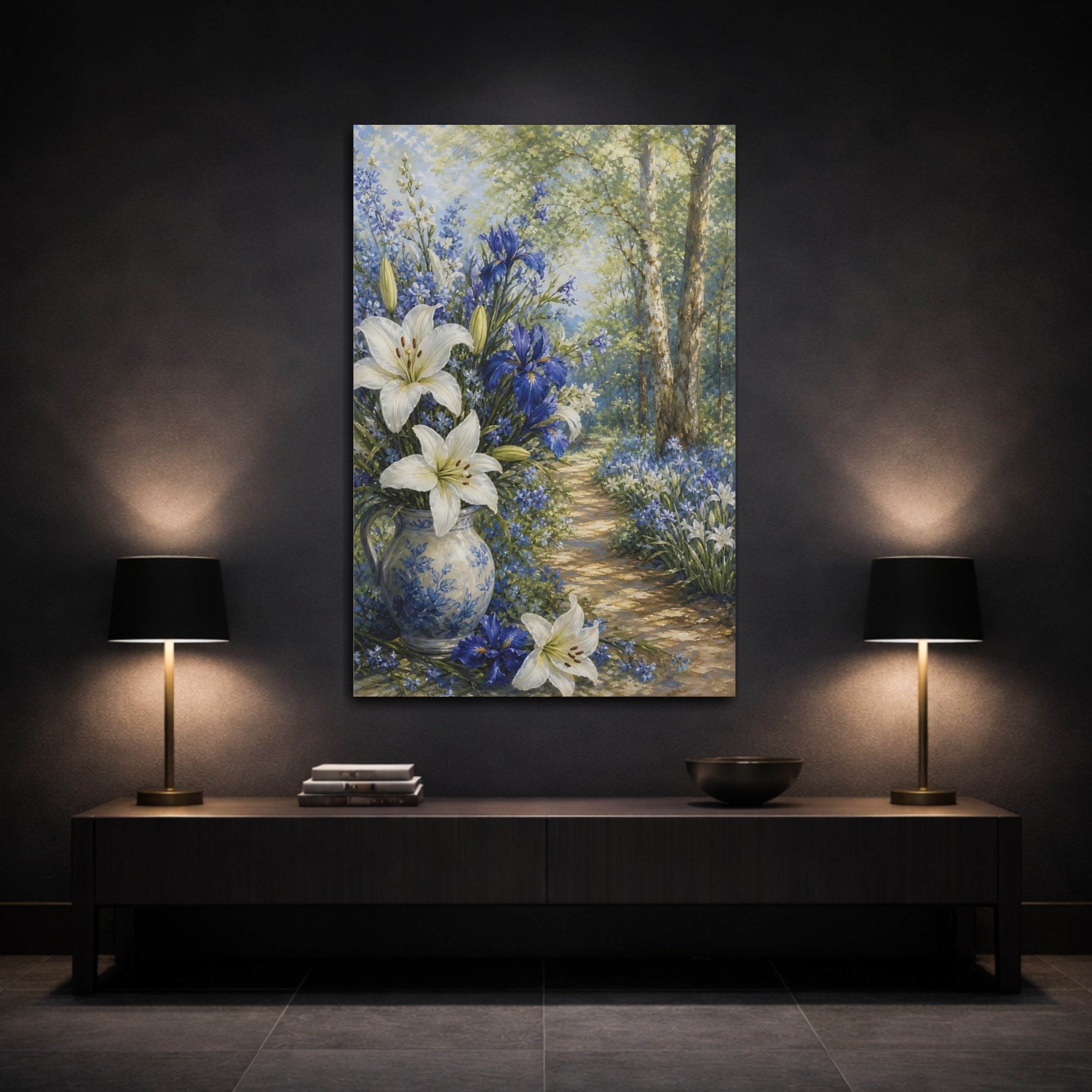 Mockup 3. Floral Floral Bouquet Blue And White Floral shown as stretched canvas wall art