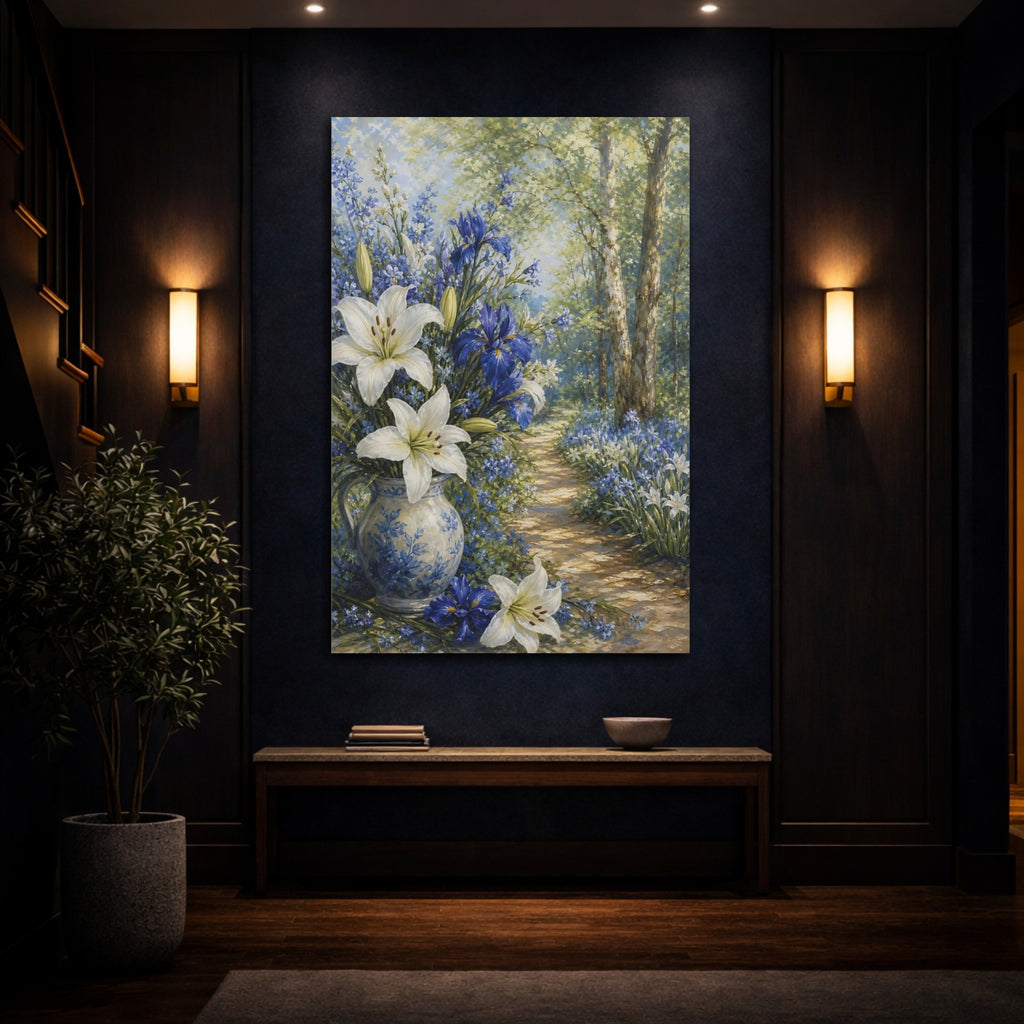 Mockup 4. Floral Floral Bouquet Blue And White Floral shown as stretched canvas wall art