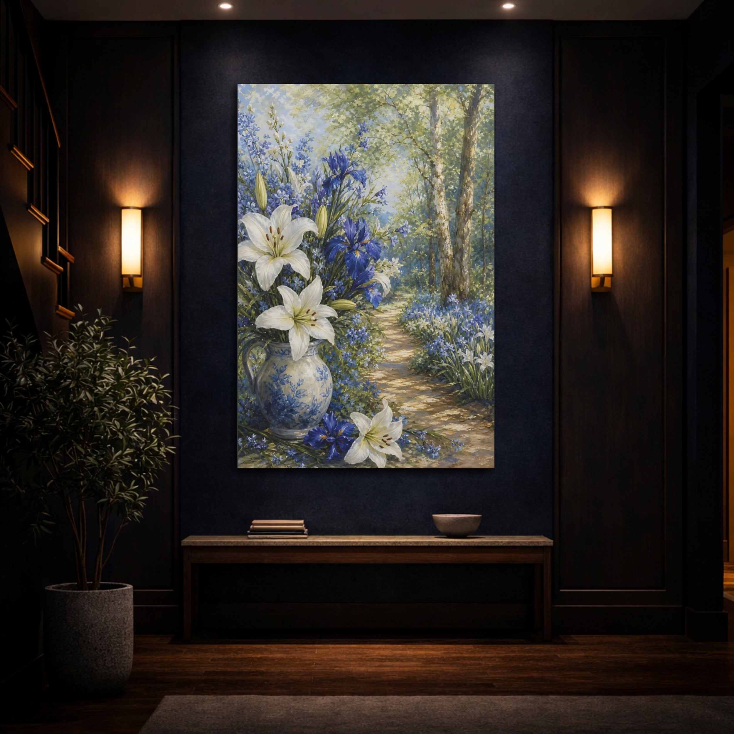 Mockup 4. Floral Floral Bouquet Blue And White Floral shown as stretched canvas wall art
