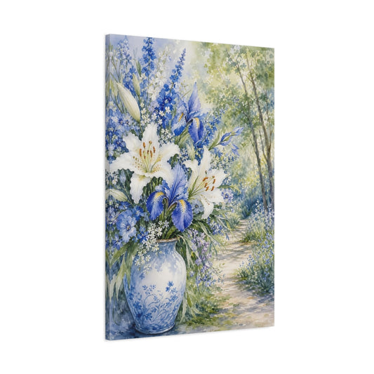 Main Mockup. Floral Floral Bouquet Blue White Floral shown as stretched canvas wall art