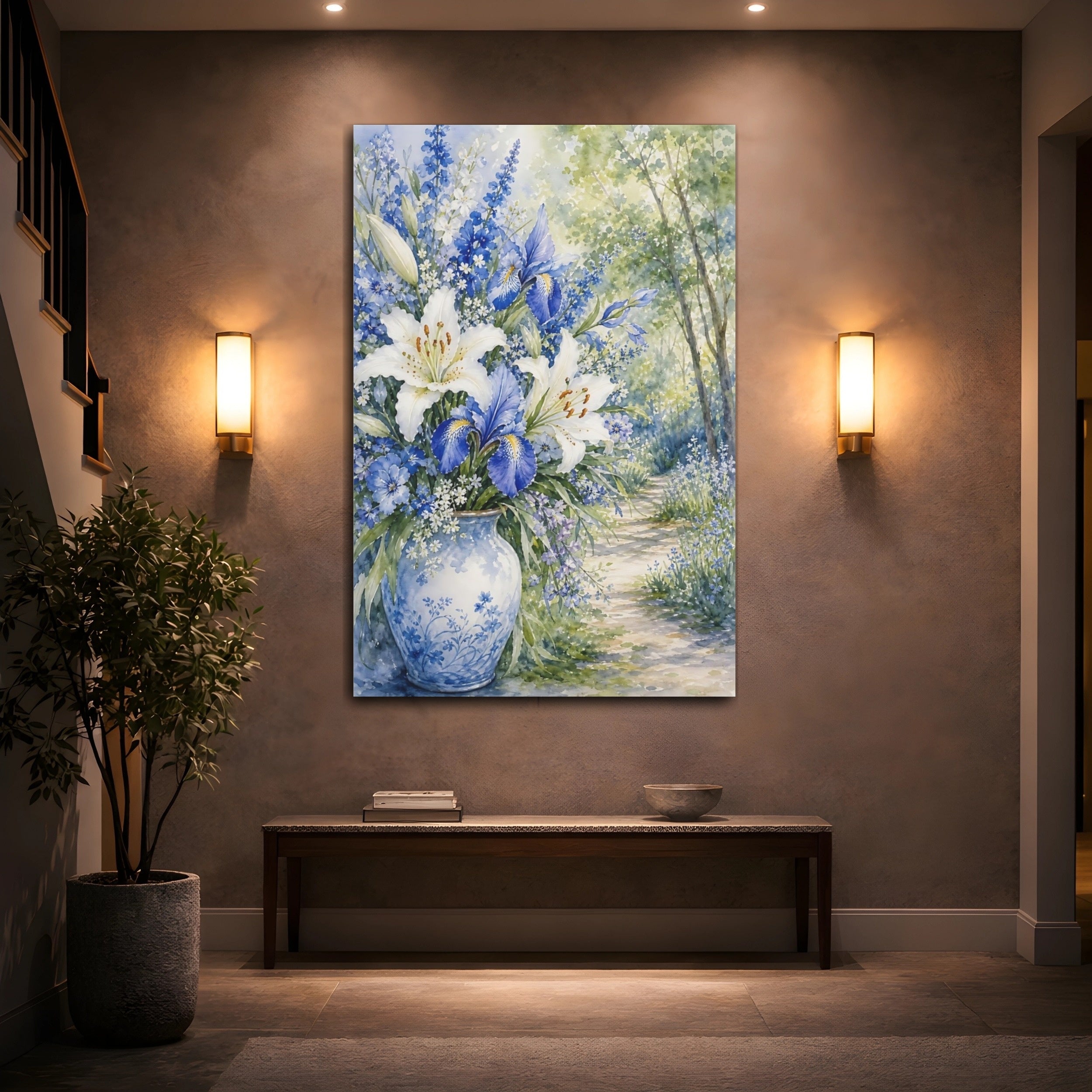Mockup 2. Floral Floral Bouquet Blue White Floral shown as stretched canvas wall art