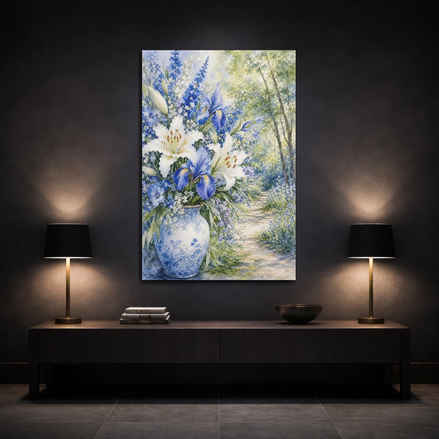 Mockup 3. Floral Floral Bouquet Blue White Floral shown as stretched canvas wall art