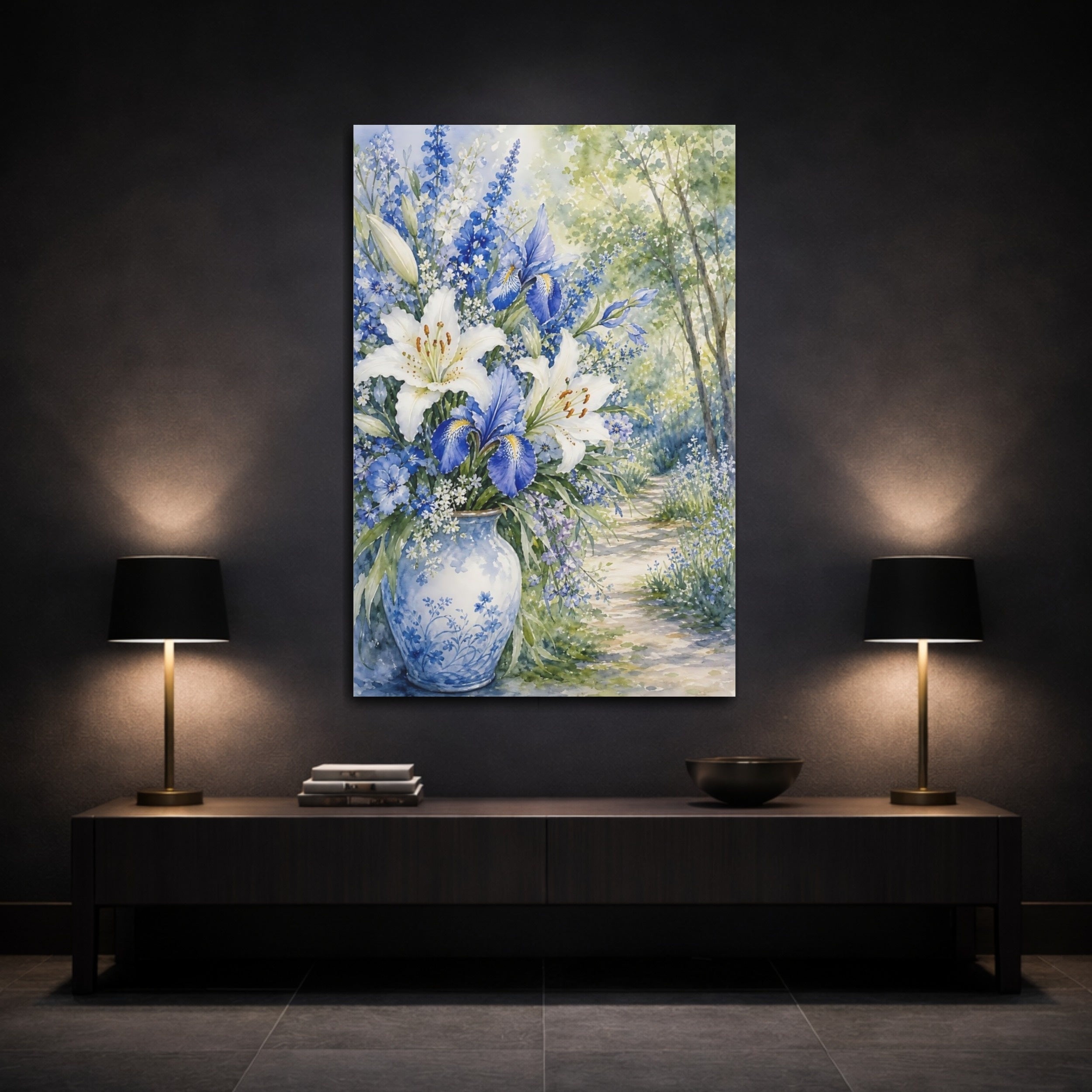 Mockup 3. Floral Floral Bouquet Blue White Floral shown as stretched canvas wall art