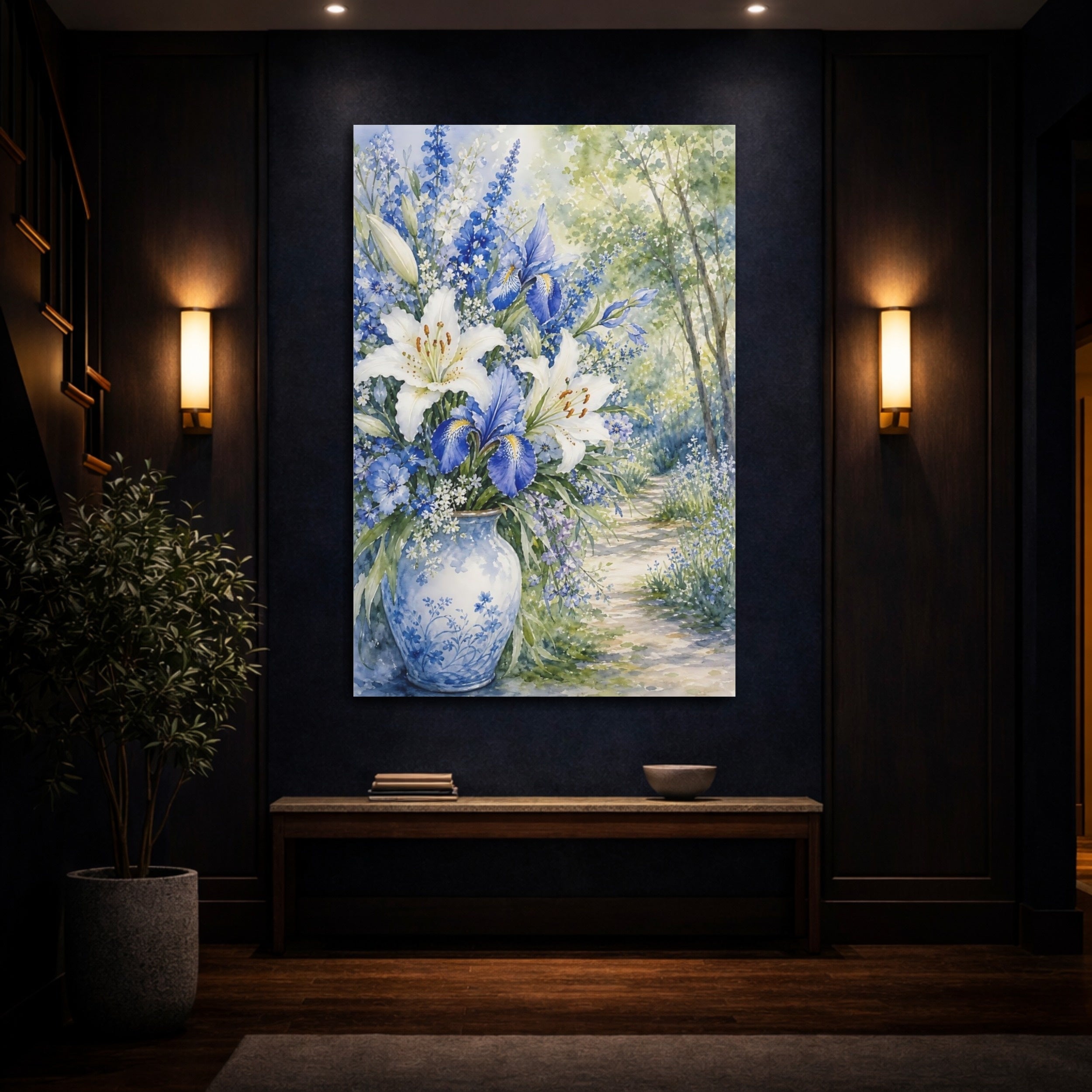 Mockup 4. Floral Floral Bouquet Blue White Floral shown as stretched canvas wall art