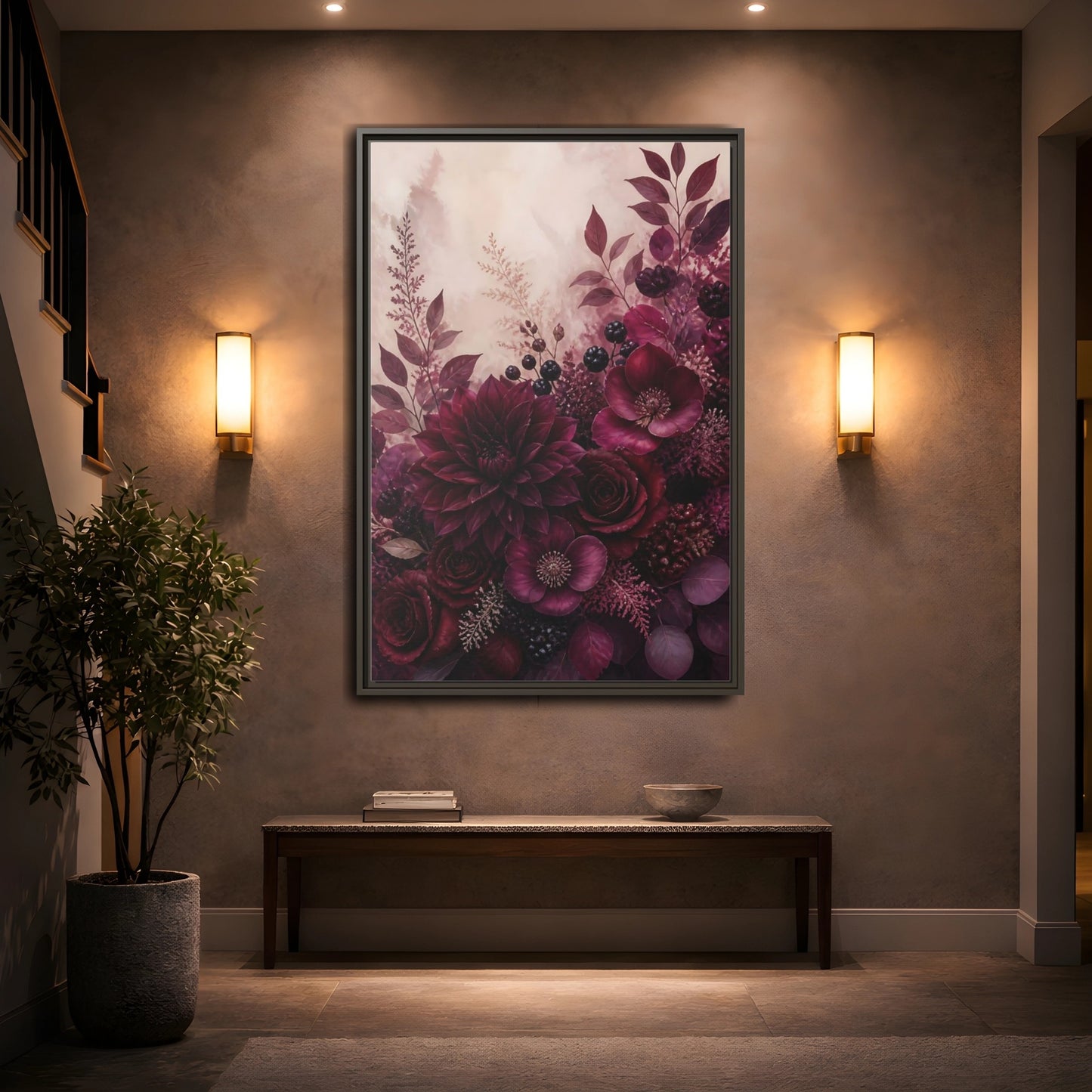 Mockup 2. Floral Floral Bouquet Burgundy Floral shown as stretched canvas wall art