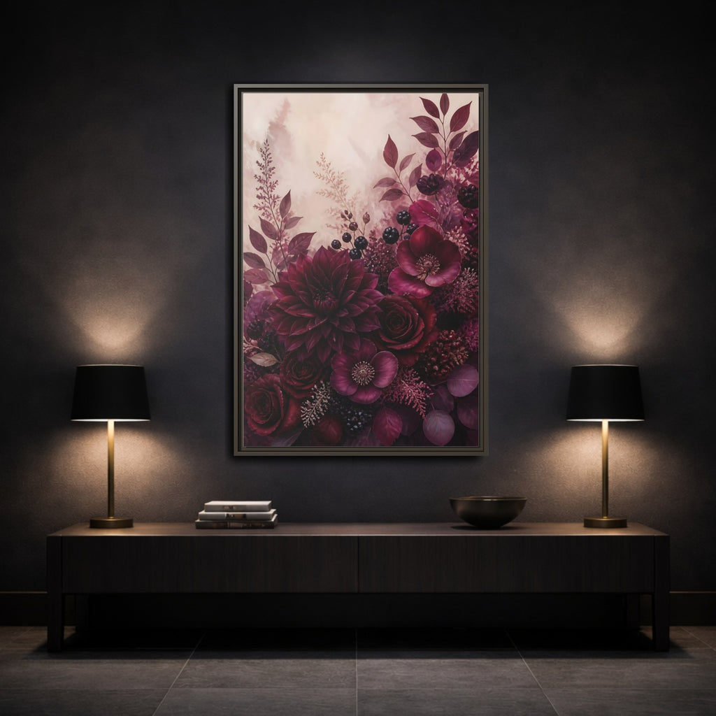 Mockup 3. Floral Floral Bouquet Burgundy Floral shown as stretched canvas wall art