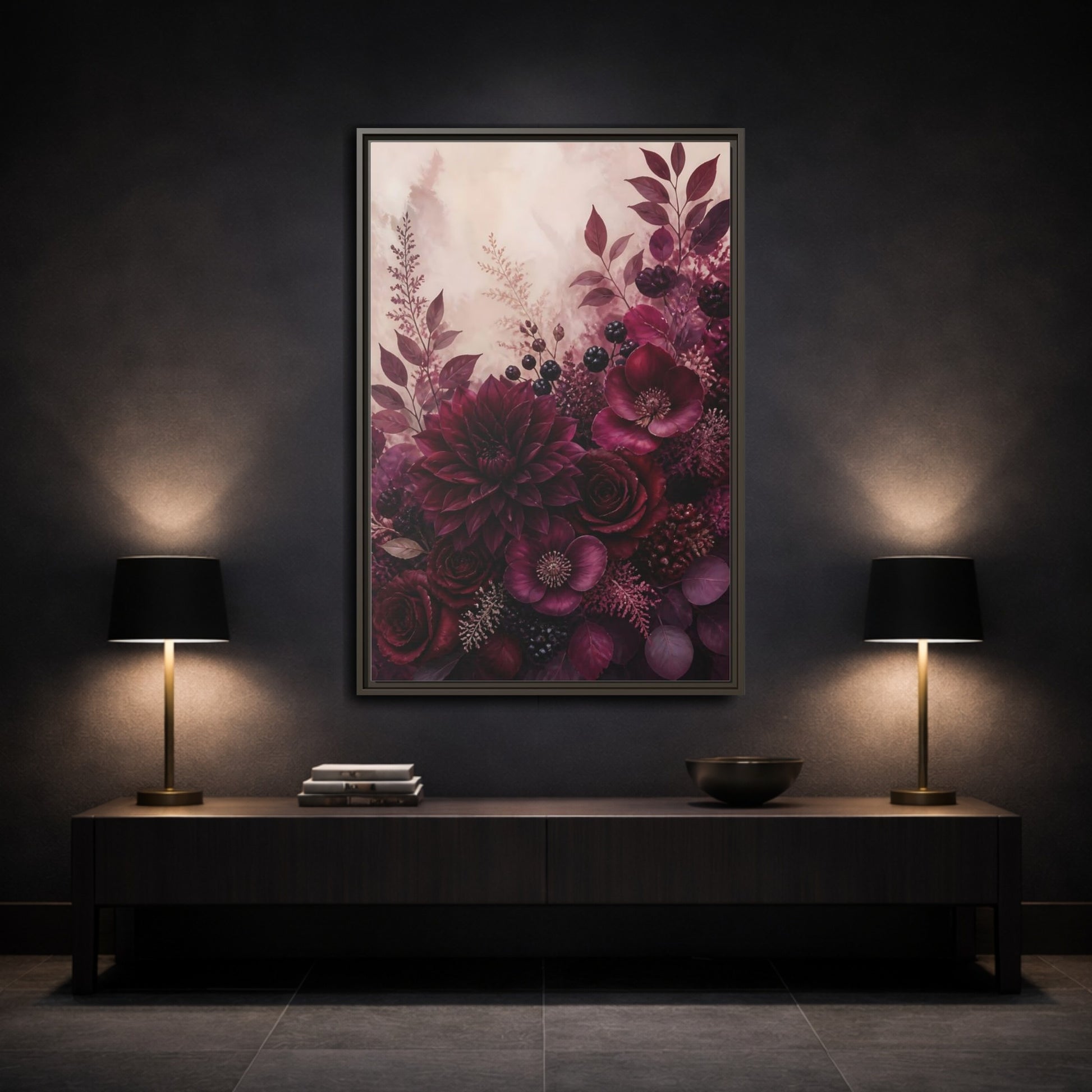 Mockup 3. Floral Floral Bouquet Burgundy Floral shown as stretched canvas wall art