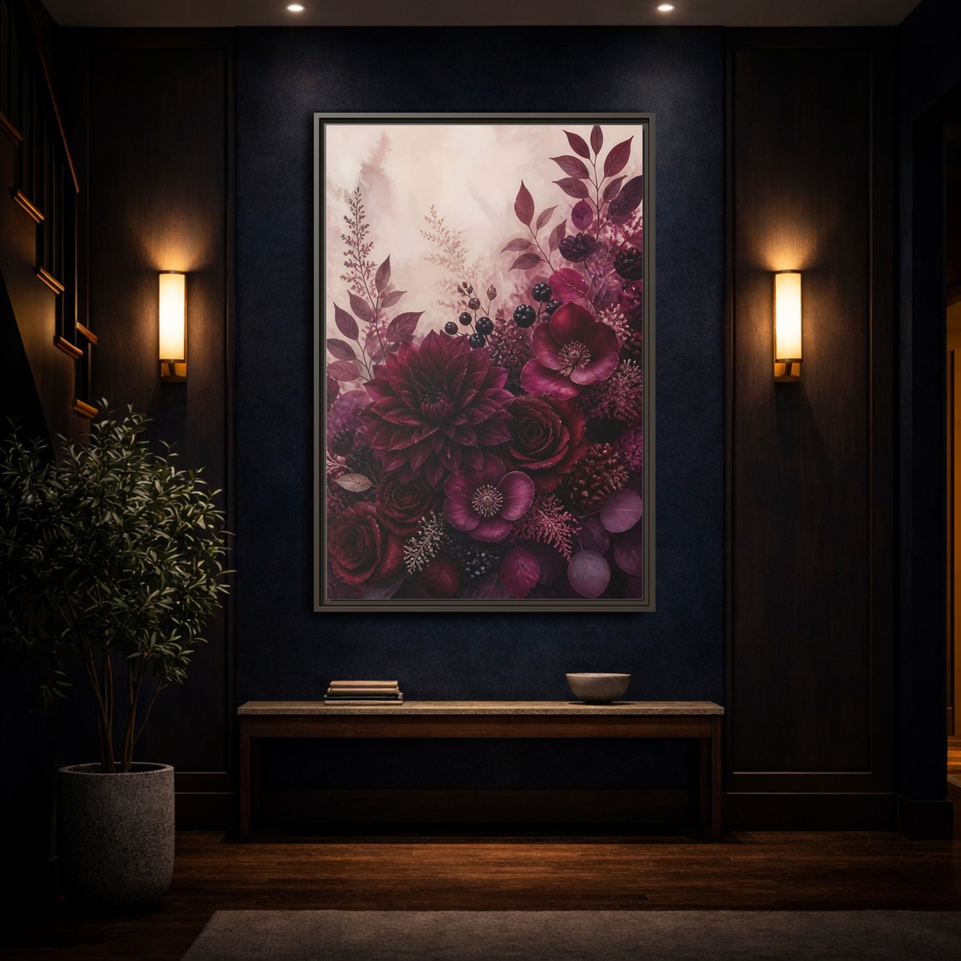 Mockup 4. Floral Floral Bouquet Burgundy Floral shown as stretched canvas wall art