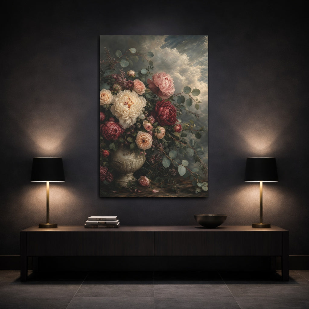 Mockup 3. Floral Floral Bouquet Dark Floral shown as stretched canvas wall art