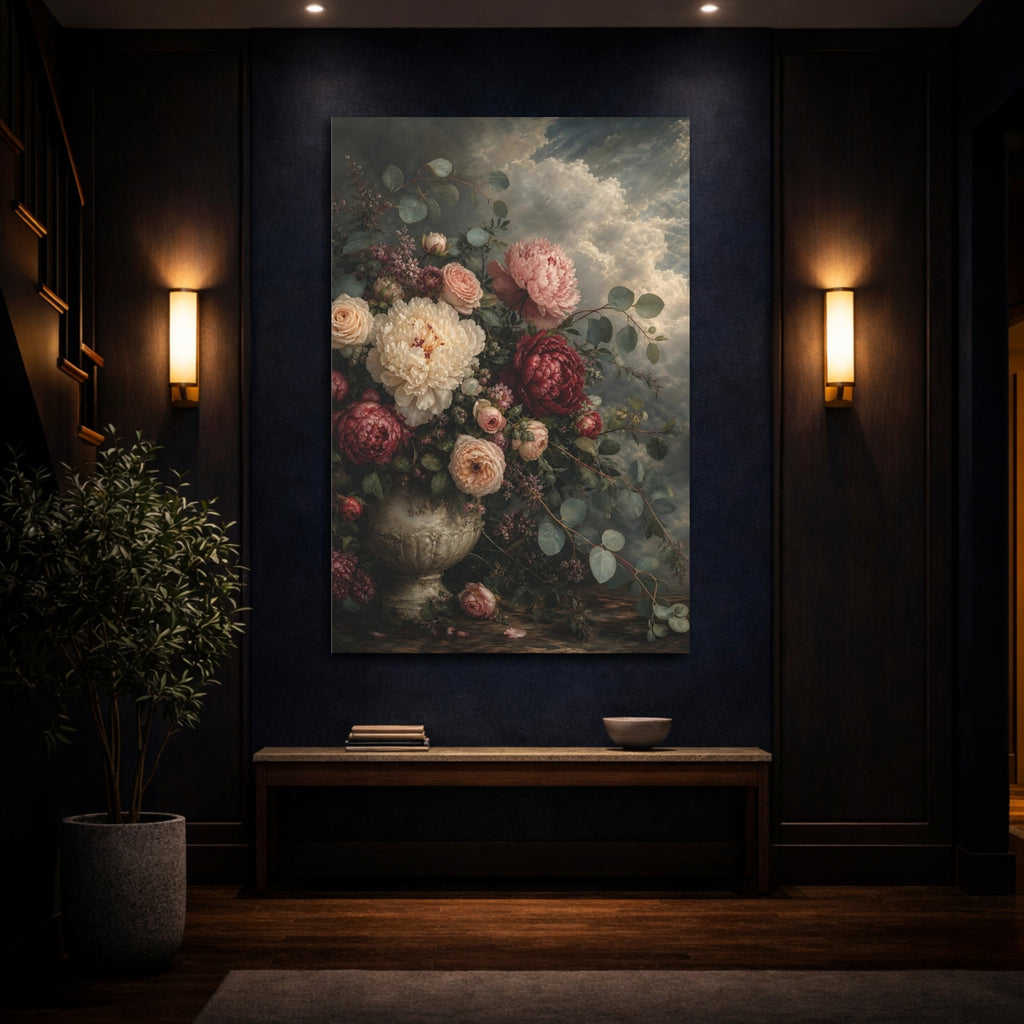 Mockup 4. Floral Floral Bouquet Dark Floral shown as stretched canvas wall art