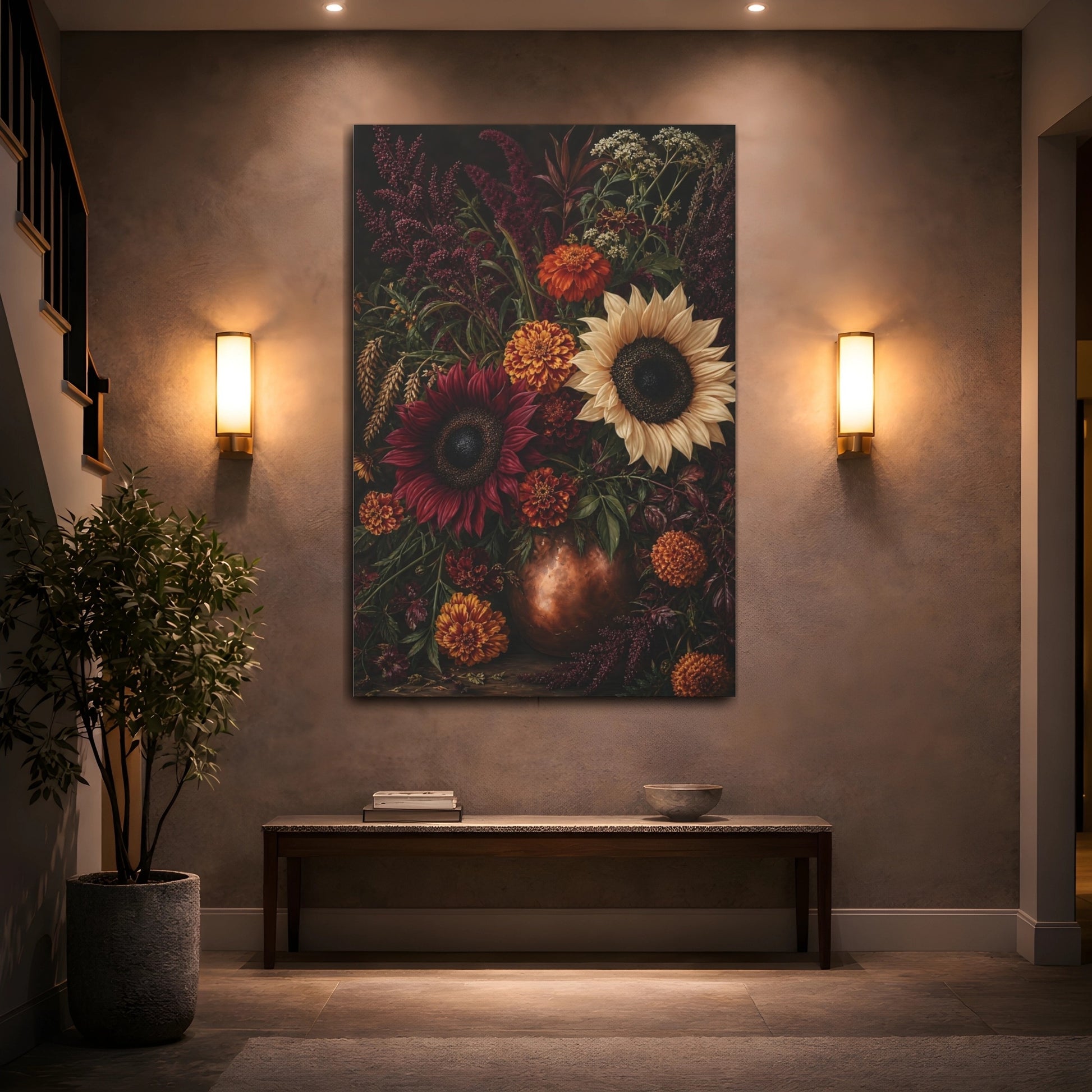 Mockup 2. Floral Floral Bouquet Dark Floral Still Life shown as stretched canvas wall art