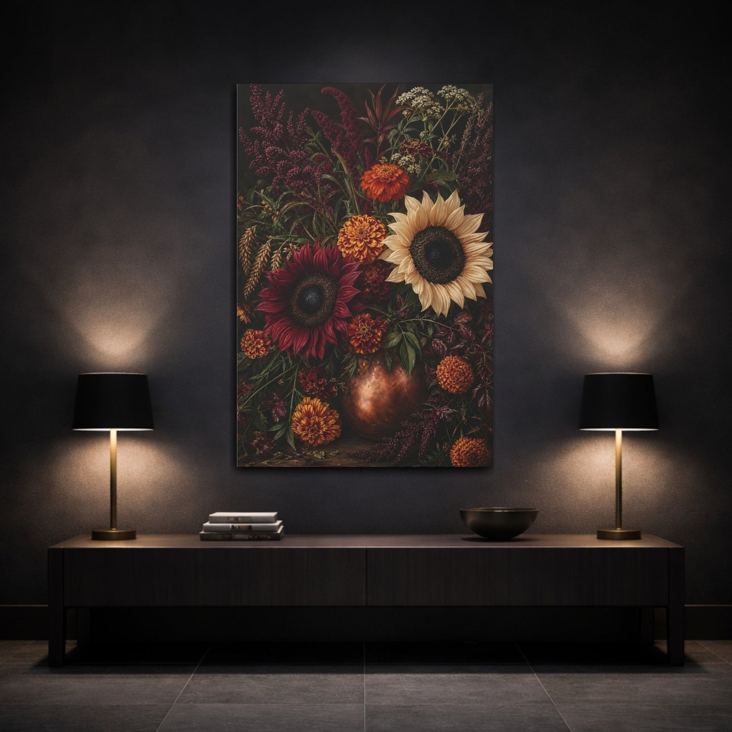 Mockup 3. Floral Floral Bouquet Dark Floral Still Life shown as stretched canvas wall art