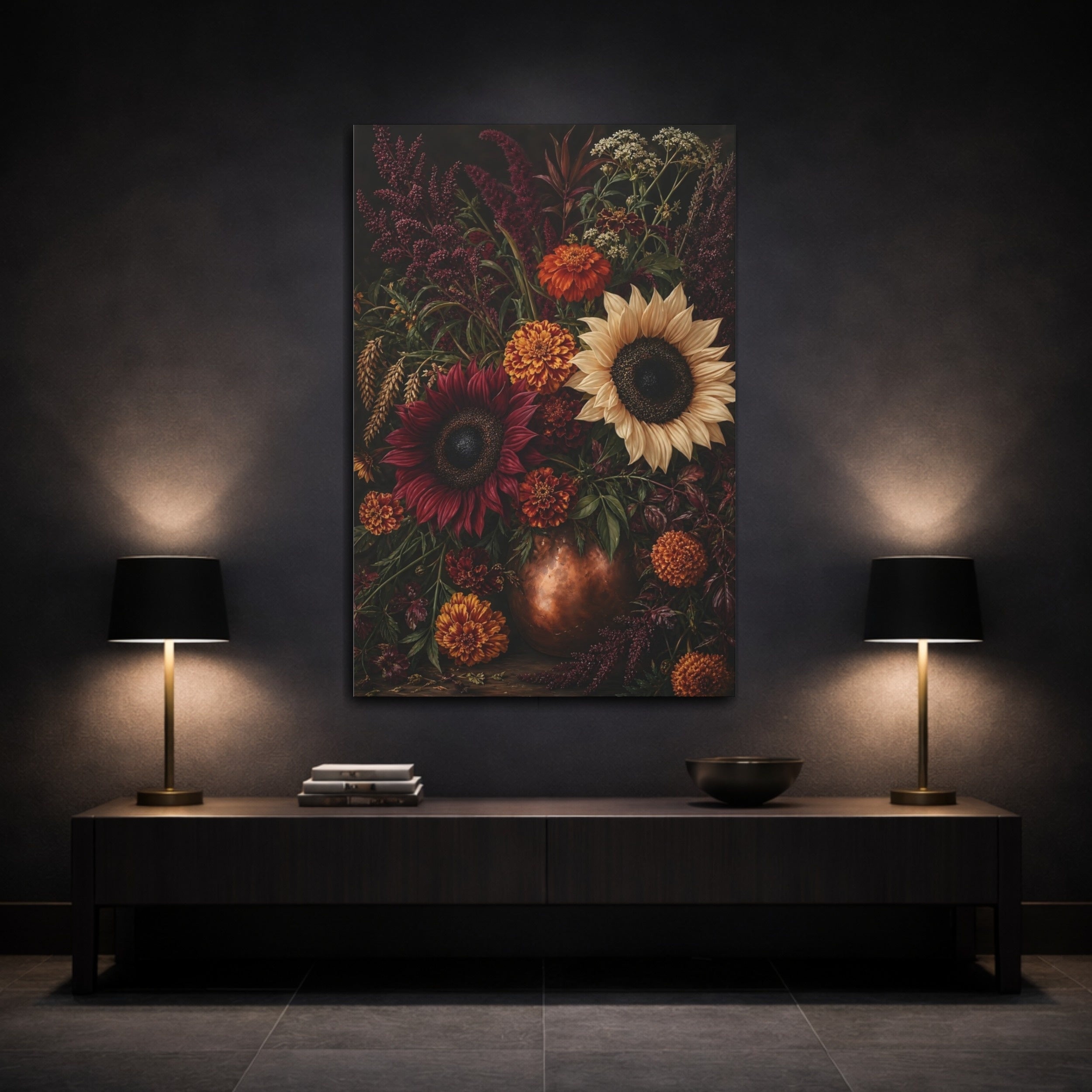 Mockup 3. Floral Floral Bouquet Dark Floral Still Life shown as stretched canvas wall art