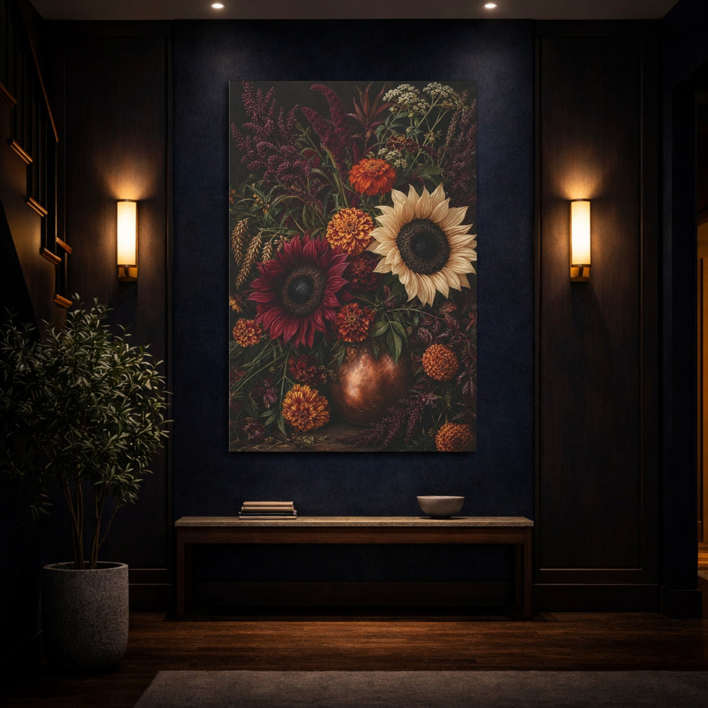Mockup 4. Floral Floral Bouquet Dark Floral Still Life shown as stretched canvas wall art