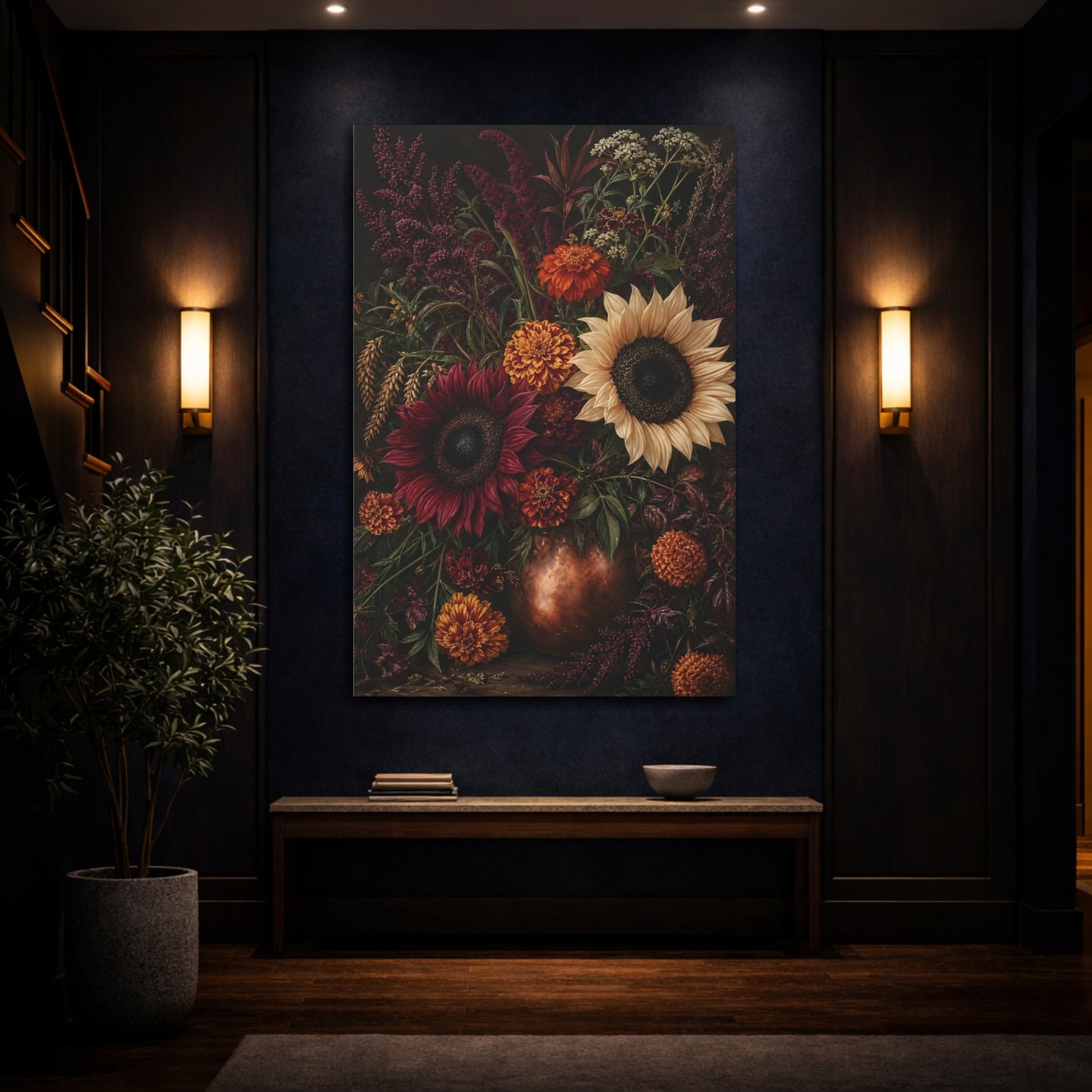 Mockup 4. Floral Floral Bouquet Dark Floral Still Life shown as stretched canvas wall art