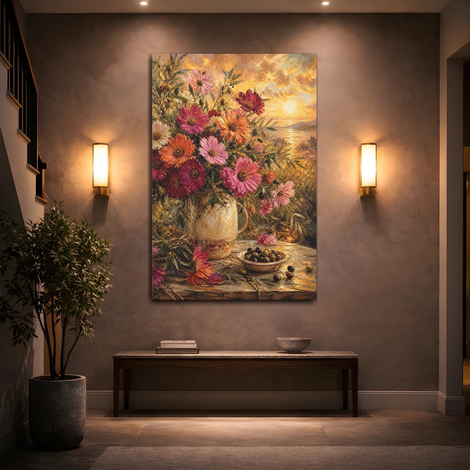 Mockup 2. Floral Floral Bouquet Golden Hour Still Life shown as stretched canvas wall art