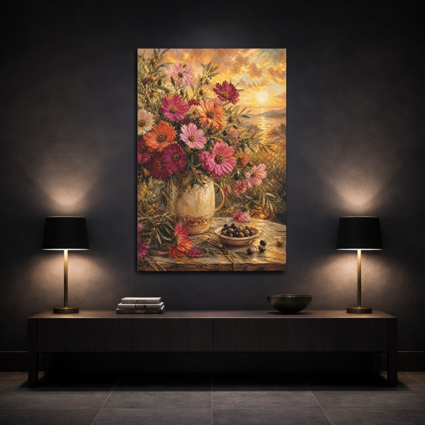 Mockup 3. Floral Floral Bouquet Golden Hour Still Life shown as stretched canvas wall art
