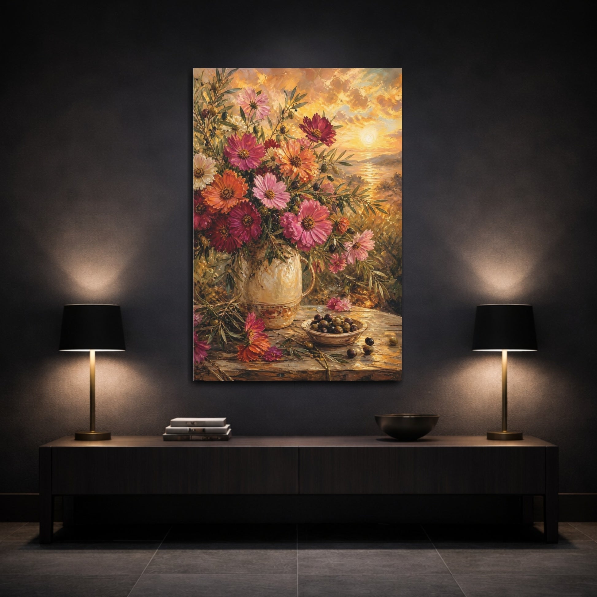 Mockup 3. Floral Floral Bouquet Golden Hour Still Life shown as stretched canvas wall art