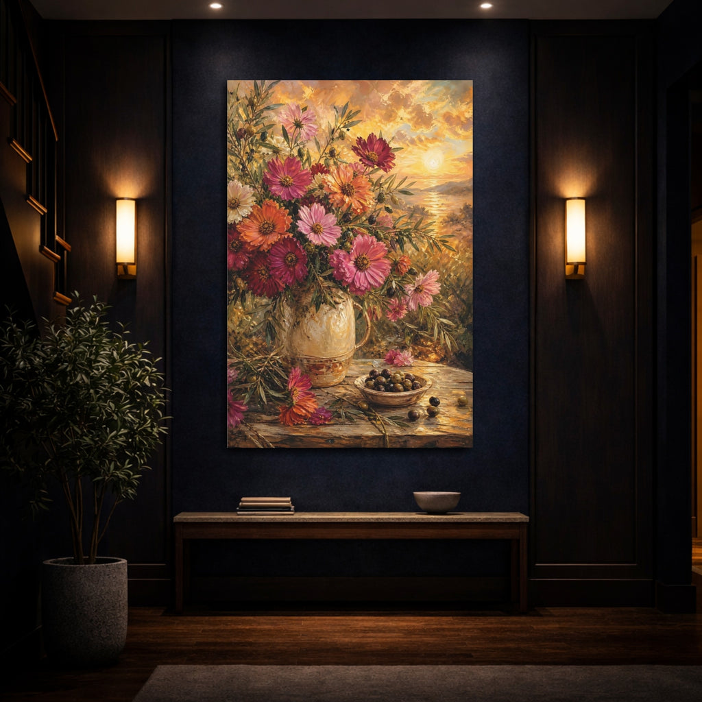 Mockup 4. Floral Floral Bouquet Golden Hour Still Life shown as stretched canvas wall art